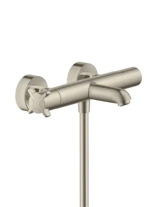 Citterio E Wannenthermostat von AXOR in gebürstetem Nickel, wandmontiert mit einem einzigen Wasserhahn und einem Auslaufrohr.